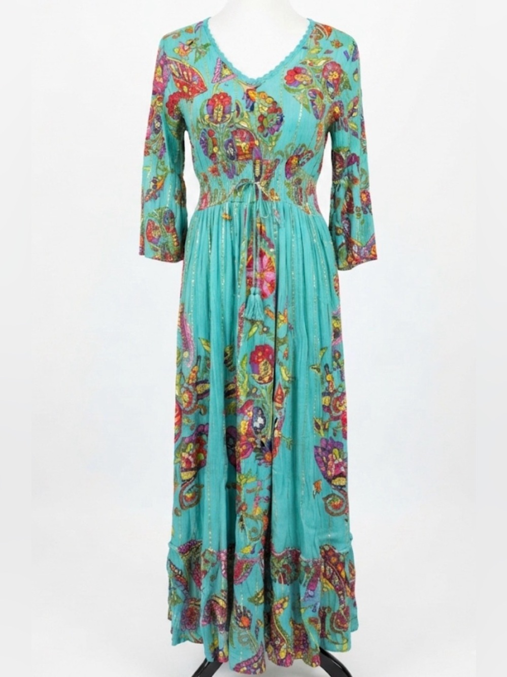 Me 2 Magic Boho Maxi Dress Teal Floral Paisley Metallic Lurex Small